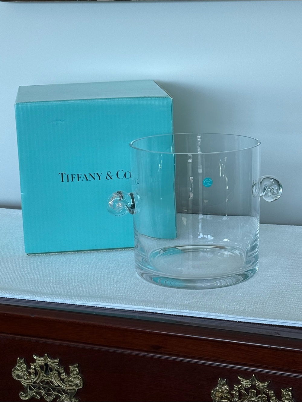 New Tiffany Clear Ice Bucket Wine Chiller with Decorative Handles NIB